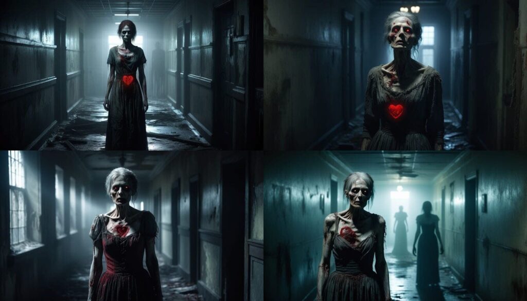 Portrait réaliste d’une zombie décharnée au cœur lumineux dans un asile abandonné