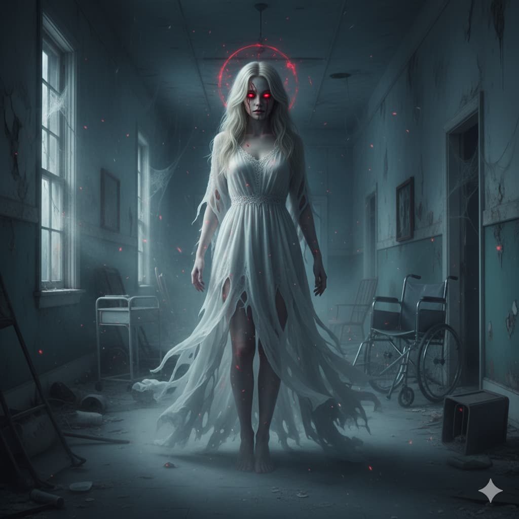 Portrait réaliste et spectral d’une femme zombie dans un asile abandonné