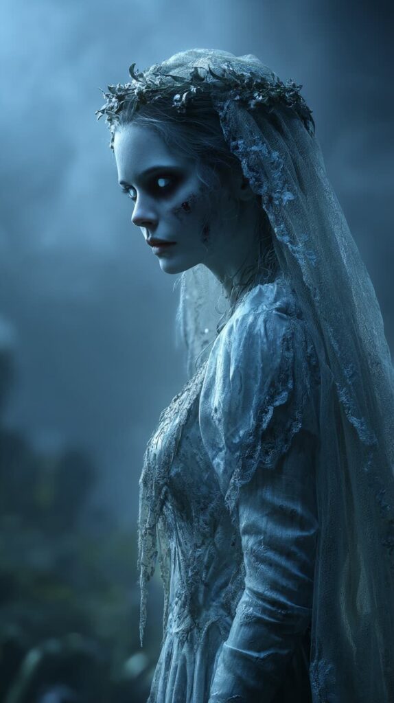 Portrait spectral ultra-réaliste d’une mariée zombie dans un cimetière brumeux