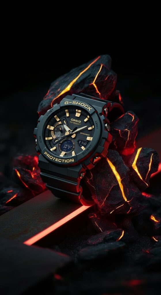 Montre G-Shock noire et or dans un écrin d’obsidienne fracturée