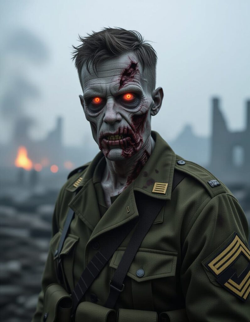 Portrait hyper réaliste d’un soldat zombie en pleine bataille