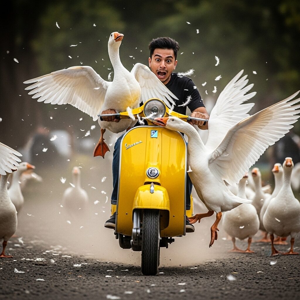 Vespa jaune poursuivi en folie par un essaim d’oies blanches