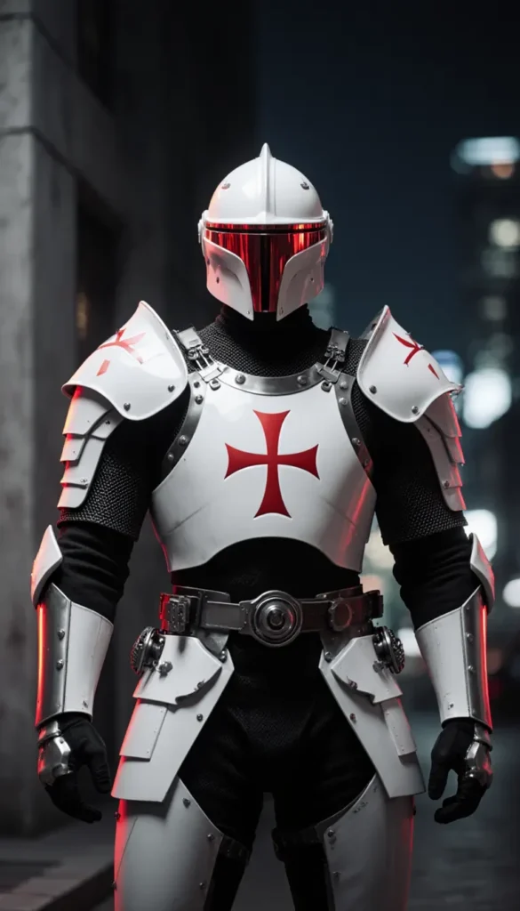 Chevalier Templier Futuriste en Armure Cyberpunk Ultra-Réaliste