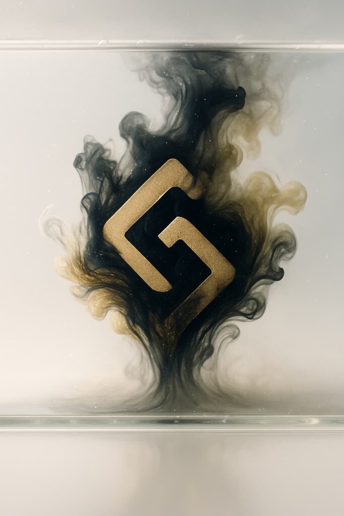 Logo encré noir et or dans l’eau laiteuse, effet cinématographique ultra-réaliste