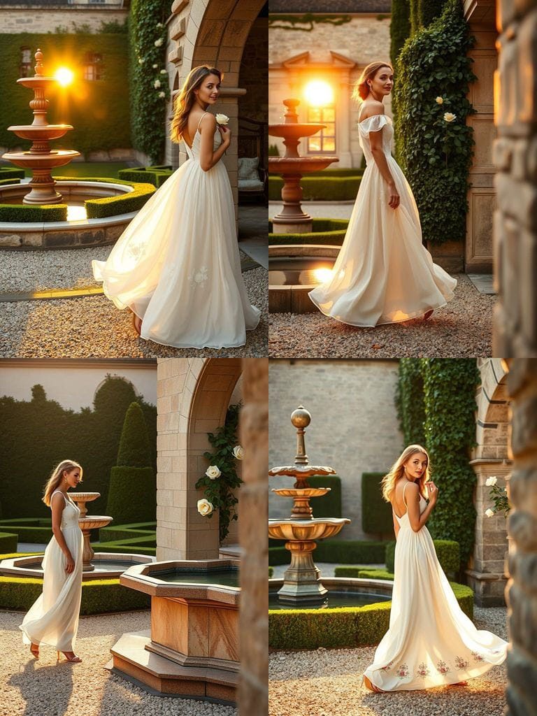 Élégance intemporelle d’un mannequin dans un jardin à la française au crépuscule