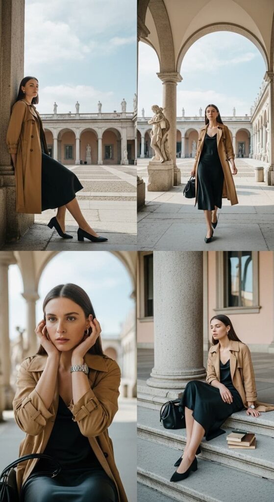 Photographie de mode élégante avec mannequin devant monument historique à Milan