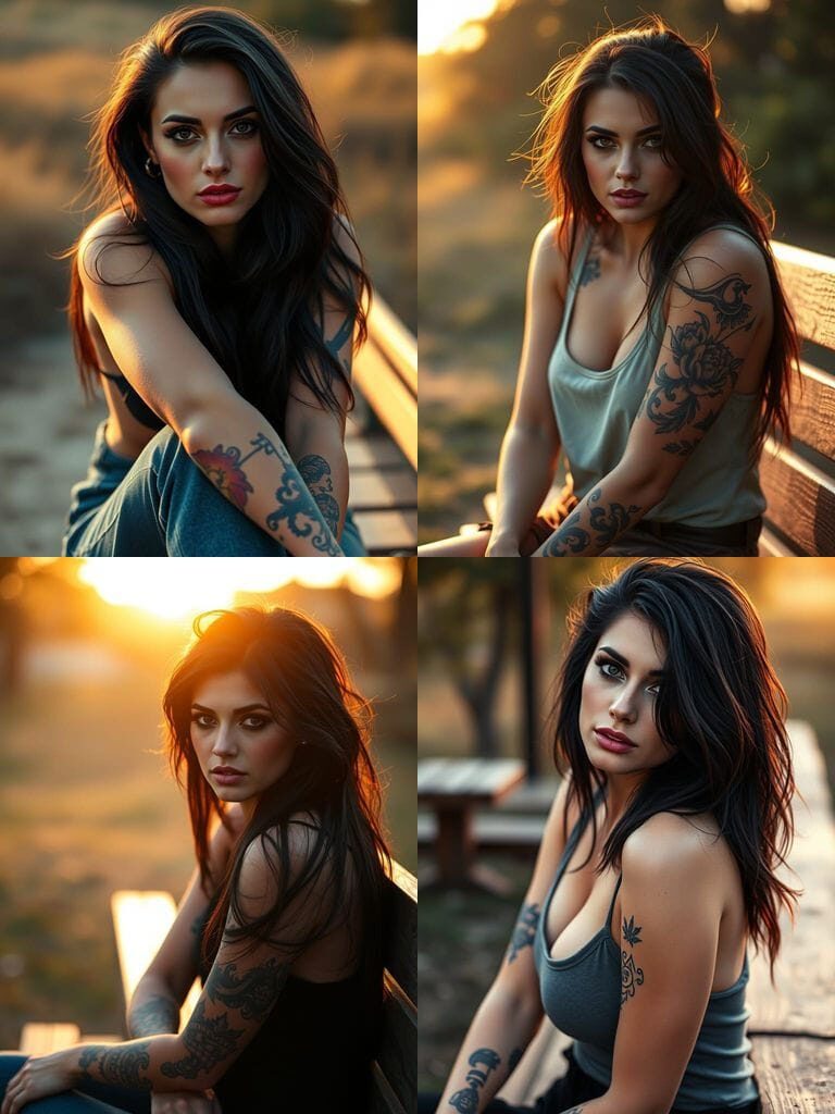 Portrait cinématographique d’une femme brune tatouée au crépuscule