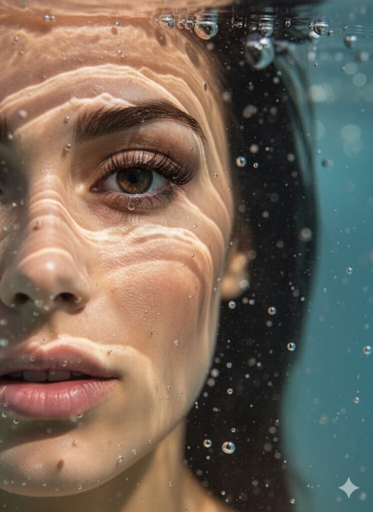 Portrait sous l’eau hyper-réaliste : immersion détaillée et lumineuse