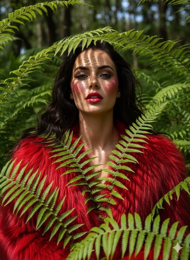 Portrait haute couture d’une jeune fille en forêt baignée de lumière