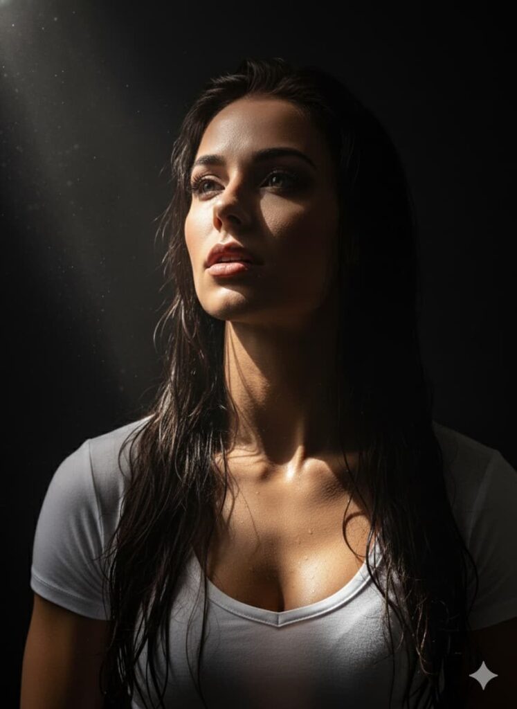 Portrait cinématographique noir et blanc avec jeux de lumière en persienne