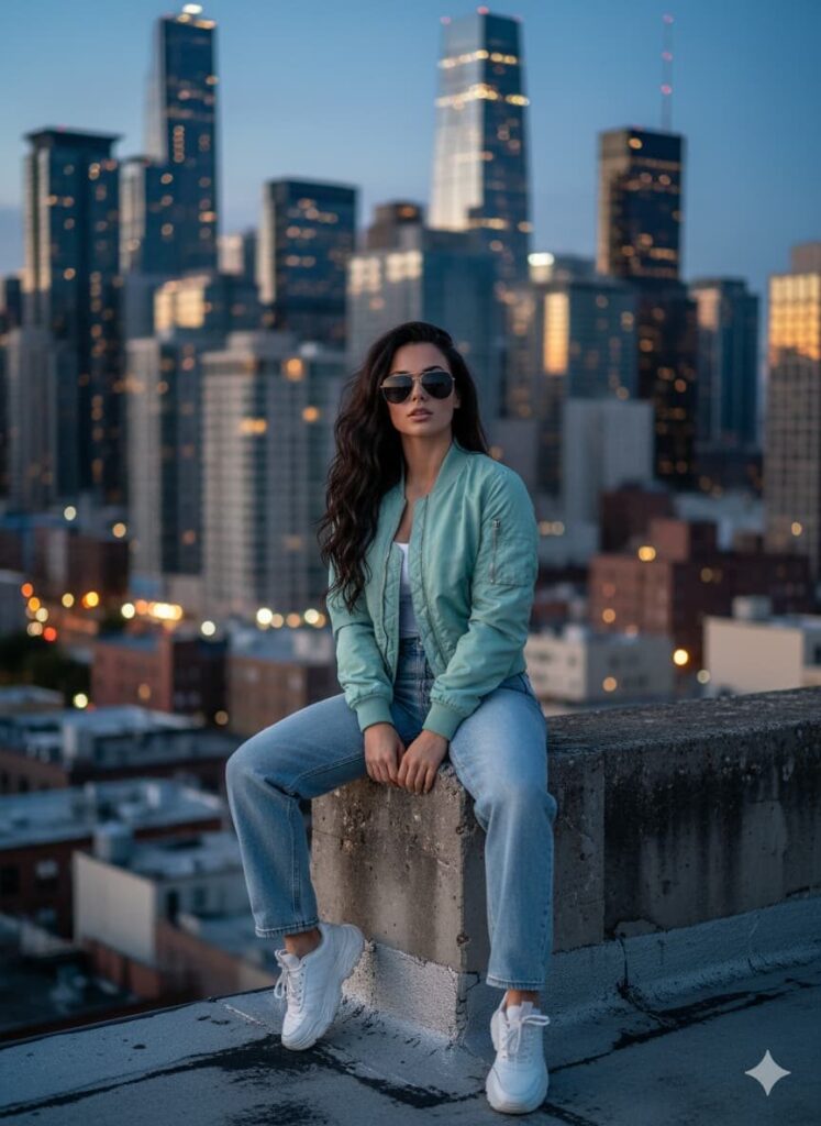 Portrait cinématographique d’une femme stylée sur un toit urbain au crépuscule