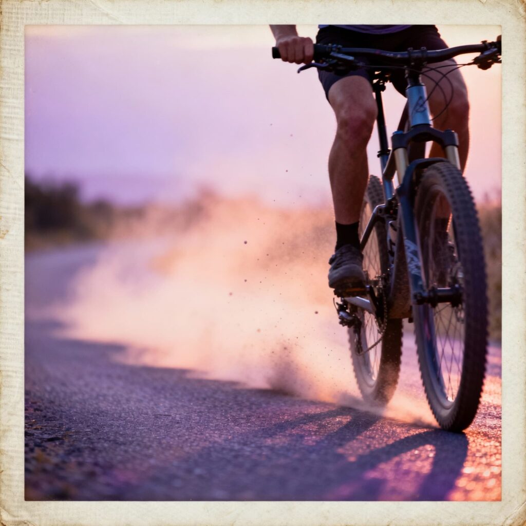 Vélo au coucher de soleil pastel – ambiance cinématographique et douce