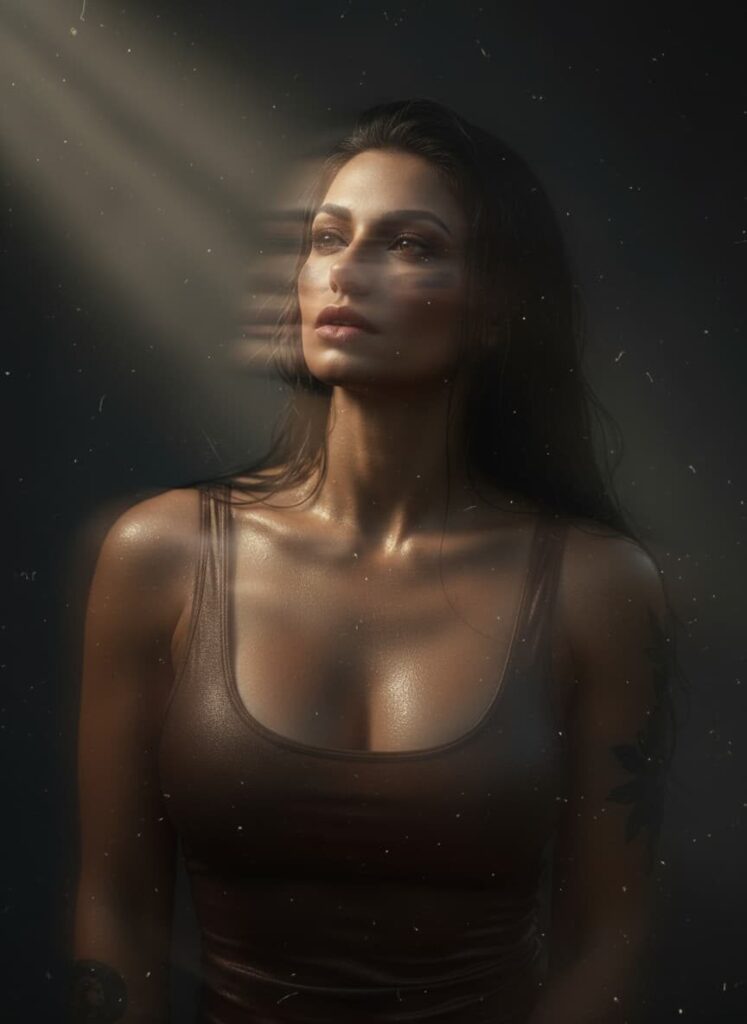 Portrait de mode en studio brumeux avec effet de flou cinétique ultra-réaliste