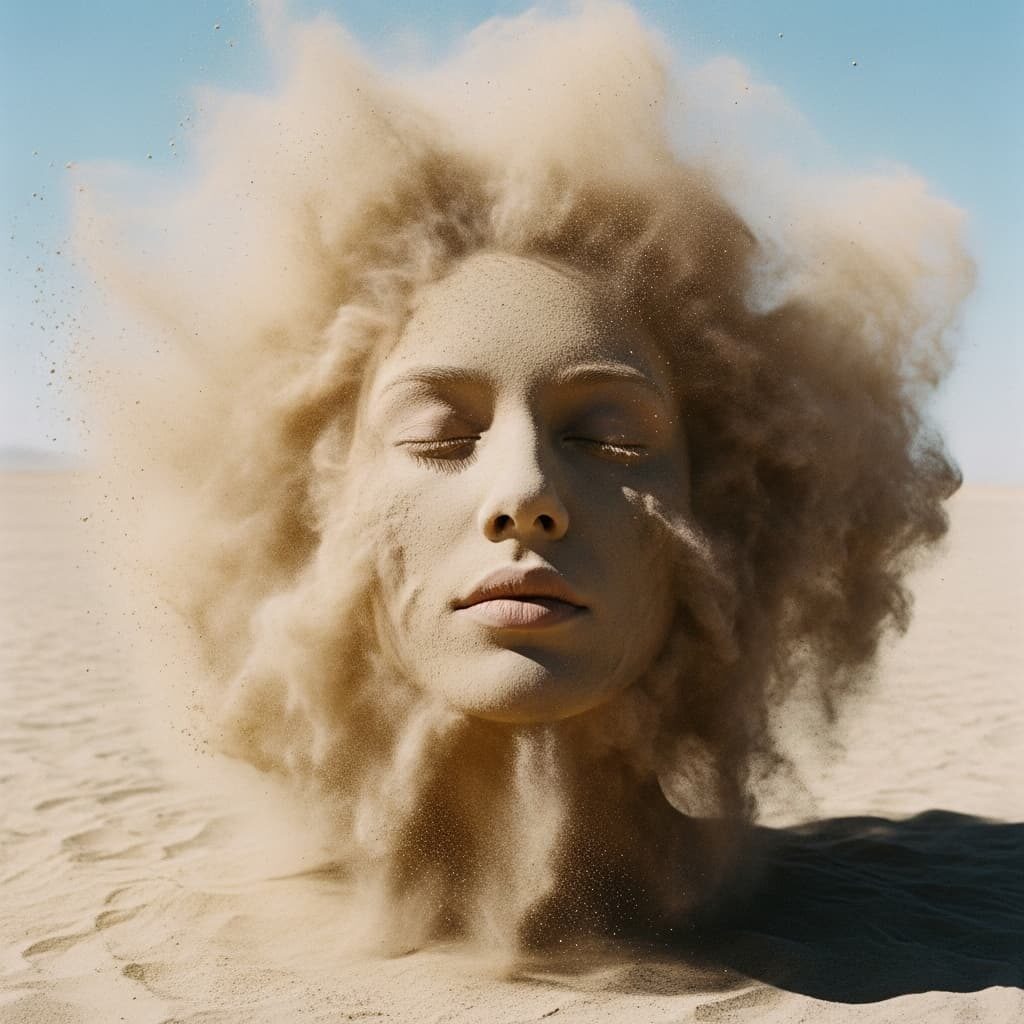 Portrait surréaliste d’une femme géante émergeant du désert
