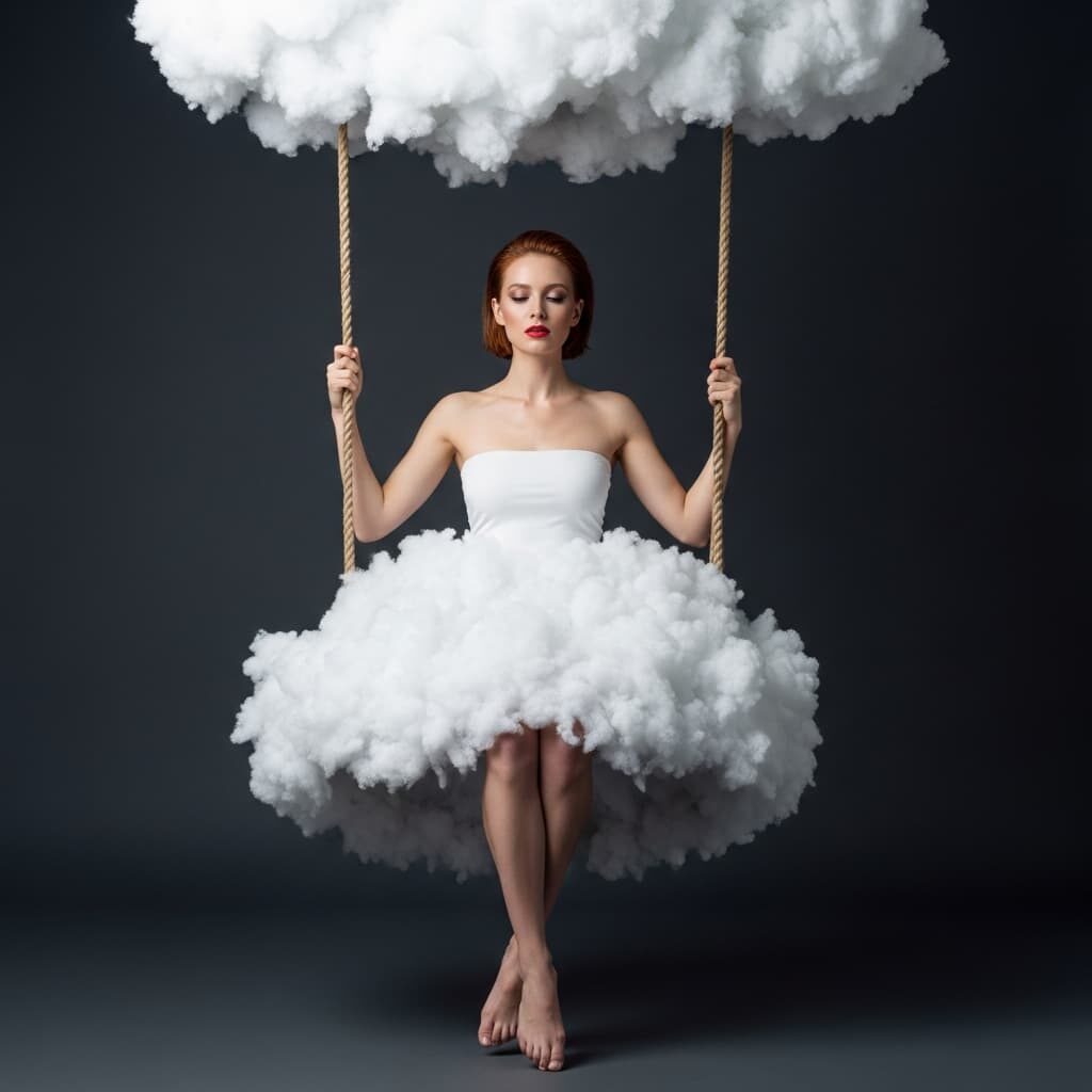 Portrait onirique d’une femme assise sur un nuage