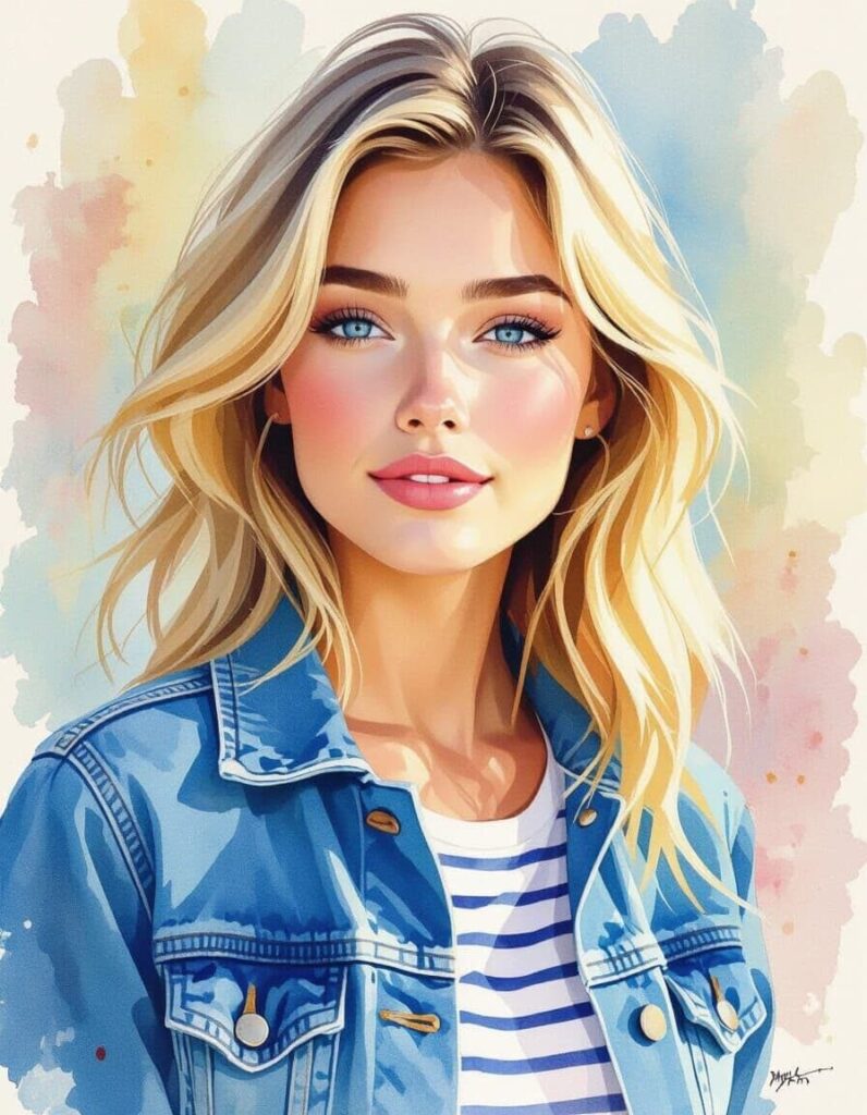 Portrait aquarelle expressif d’une jeune femme lumineuse