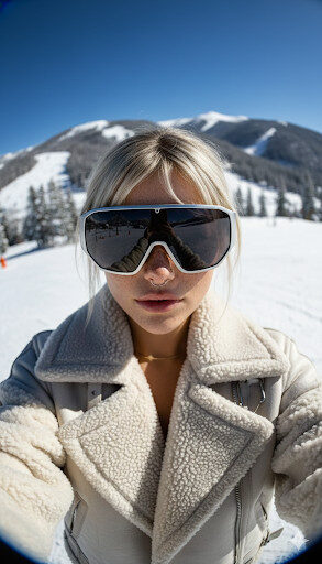 Selfie en lunettes de soleil sportives dans un décor de montagne enneigée