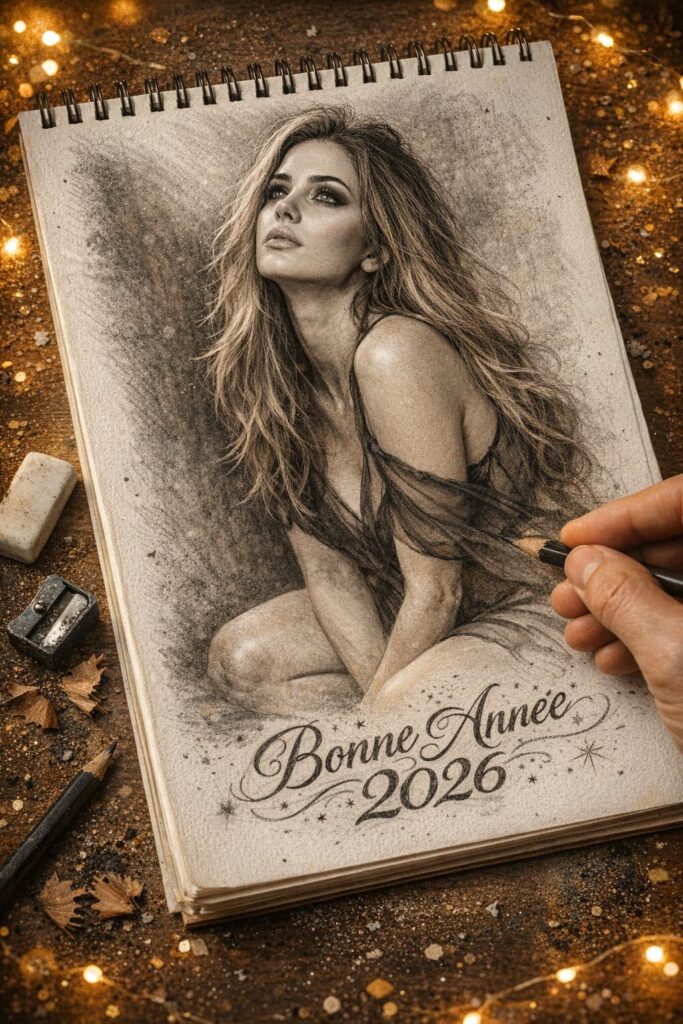 Dessin au crayon ultra-réaliste avec ambiance Nouvel An et inscription calligraphique